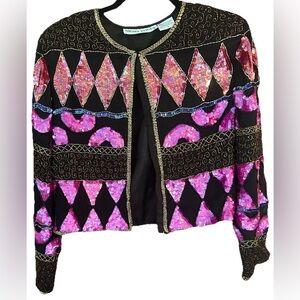 Vintage 80’s Night‎ Vogue Silk Sequined Beaded Cropped Disco Festival Blazer